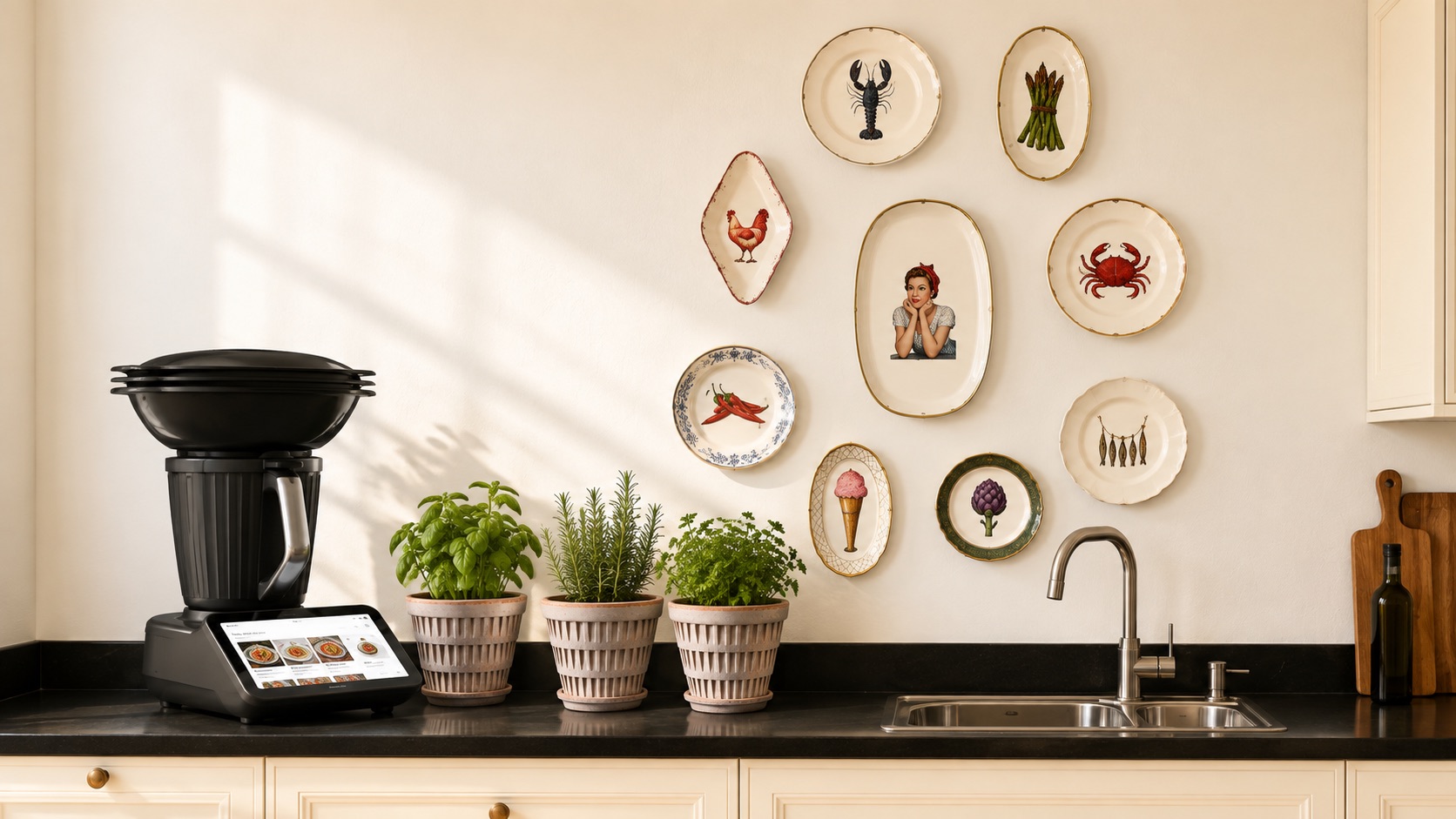 Thermomix TM7 op een keukenblad met kruiden en decoratieve wandborden