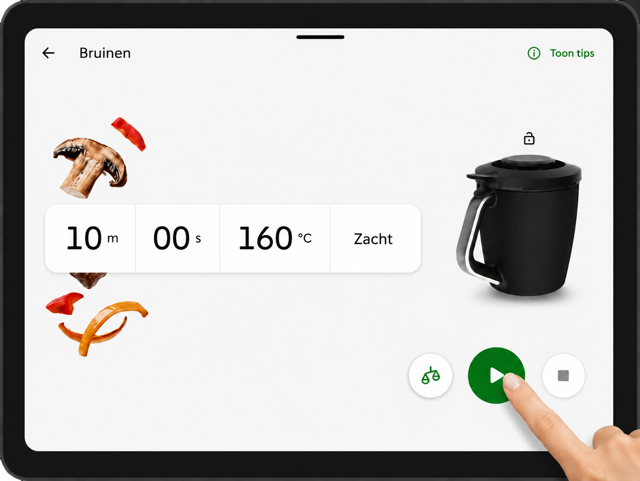 Bruinen-scherm van de Thermomix TM7 met tijd, temperatuur 160°C en de optie Zacht, klaar om op de groene startknop te drukken
