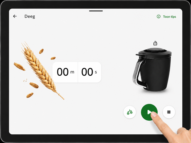 Deeg-scherm van de Thermomix TM7 waarop de tijd wordt ingesteld en op de groene startknop wordt gedrukt