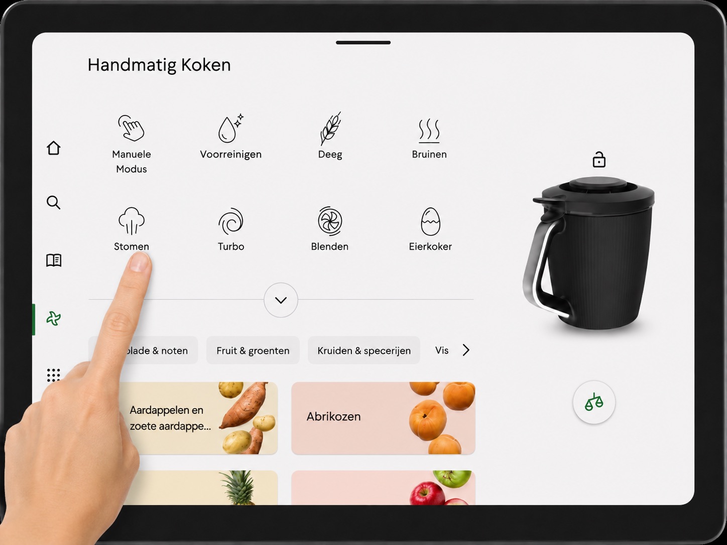 Stomen-scherm van de Thermomix TM7 klaar om op de groene startknop te drukken