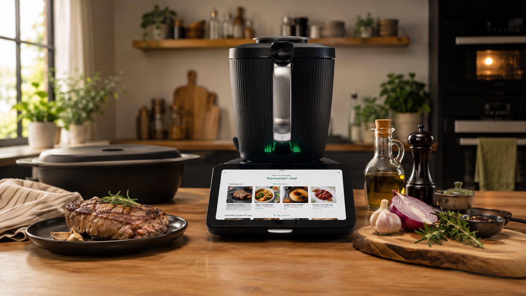 Gebruinde reepjes vlees met rode peper en lente-ui op een bord, klaargemaakt met de Bruinen-modus van de Thermomix TM7