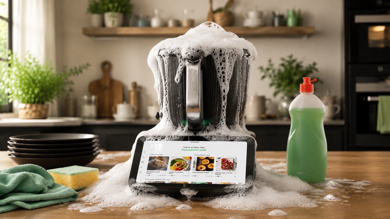 Thermomix TM7 onder een laag schuim tijdens het reinigen, met afwasmiddel, spons en doek op het aanrecht