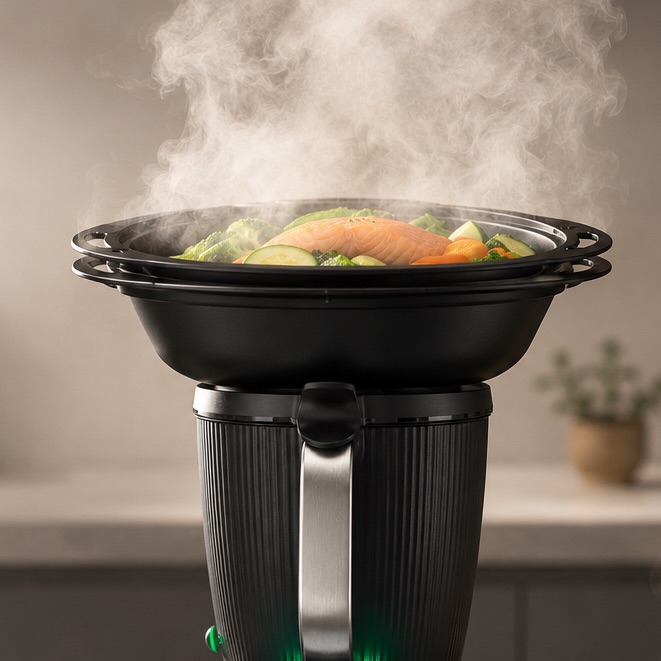 Gestoomde zalmfilet met rijst en verse groenten in een zwarte kom, bereid met de Stomen-modus van de Thermomix TM7